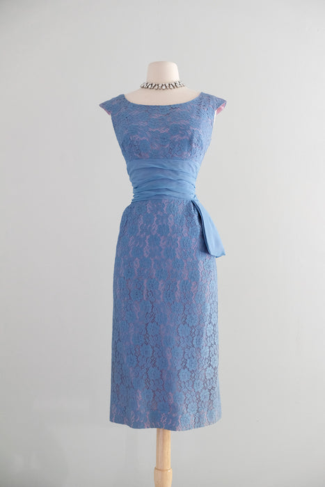 Vintage 1950's Hydrangea Lace Cocktail Dress with Waist Sash / M