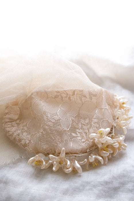 Fairytale Antique Wax Flower Blush Ivory Lace Knee Length Wedding Veil / OS