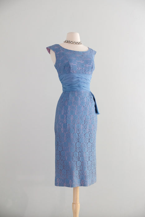 Vintage 1950's Hydrangea Lace Cocktail Dress with Waist Sash / M