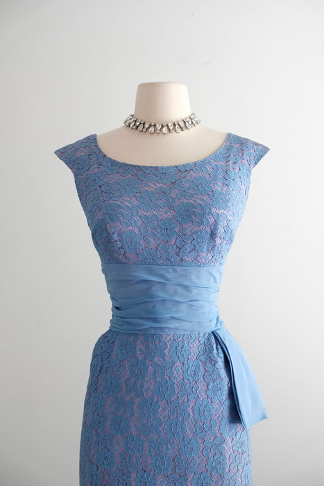 Vintage 1950's Hydrangea Lace Cocktail Dress with Waist Sash / M
