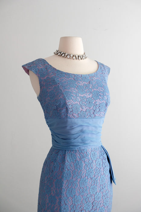 Vintage 1950's Hydrangea Lace Cocktail Dress with Waist Sash / M