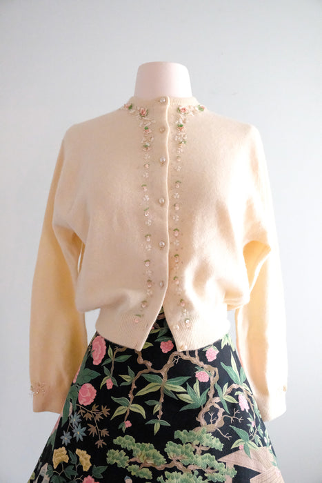 Darling 1950's Ivory Floral Beaded Cardigan Sweater/ Sz M