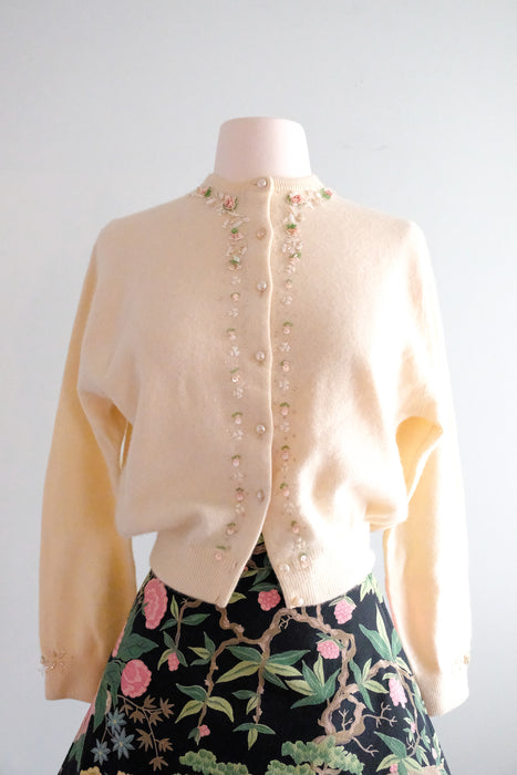 Darling 1950's Ivory Floral Beaded Cardigan Sweater/ Sz M