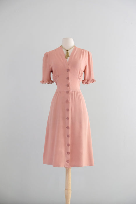 Vintage 1930's Blush Pink Rayon Dress with Ruffle Sleeves / SM