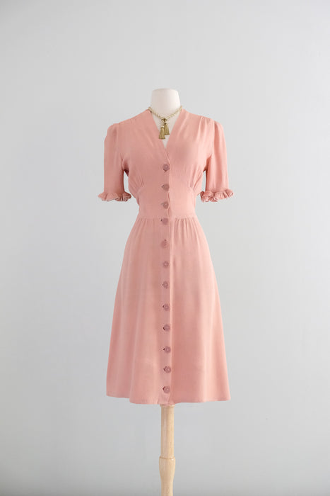 Vintage 1930's Blush Pink Rayon Dress with Ruffle Sleeves / SM