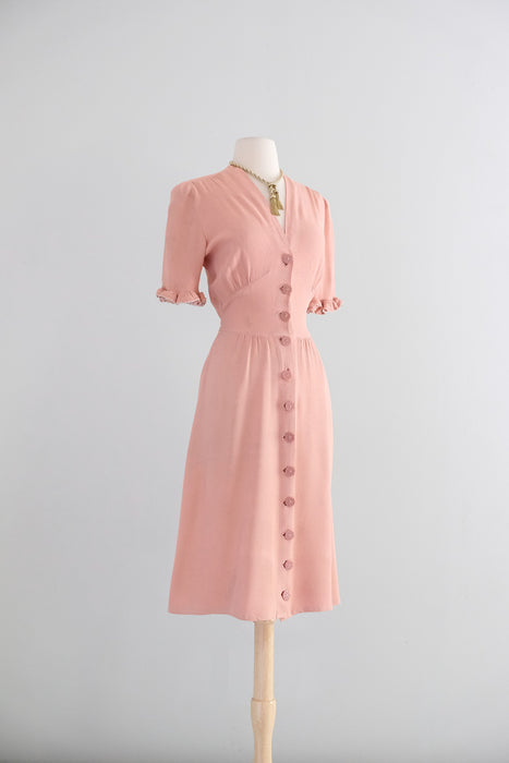 Vintage 1930's Blush Pink Rayon Dress with Ruffle Sleeves / SM