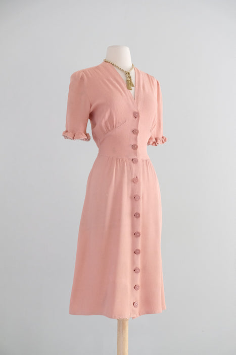 Vintage 1930's Blush Pink Rayon Dress with Ruffle Sleeves / SM