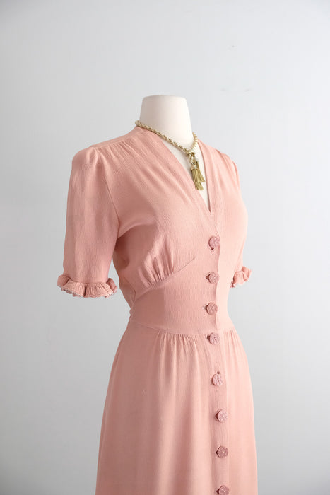 Vintage 1930's Blush Pink Rayon Dress with Ruffle Sleeves / SM