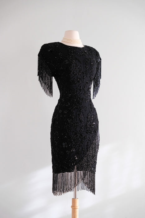 Vintage 1980's Black Fully Beaded Fringe Party Dress by Black Tie / M