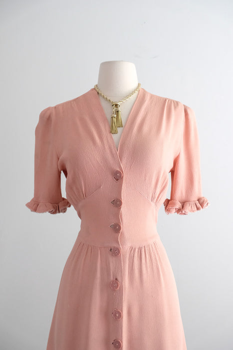 Vintage 1930's Blush Pink Rayon Dress with Ruffle Sleeves / SM