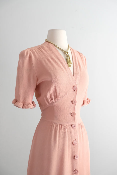 Vintage 1930's Blush Pink Rayon Dress with Ruffle Sleeves / SM