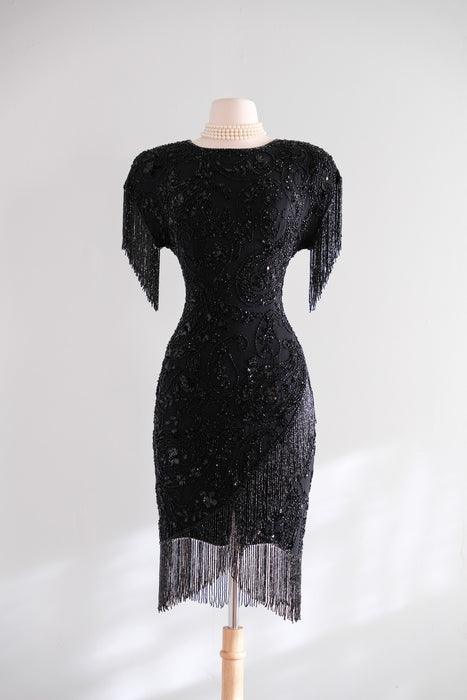 Vintage 1980's Black Fully Beaded Fringe Party Dress by Black Tie / M