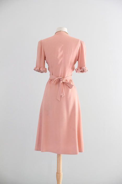 Vintage 1930's Blush Pink Rayon Dress with Ruffle Sleeves / SM