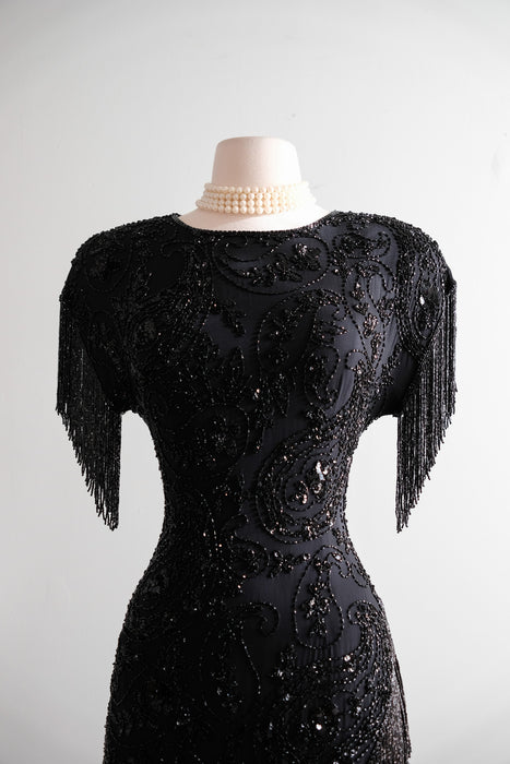 Vintage 1980's Black Fully Beaded Fringe Party Dress by Black Tie / M