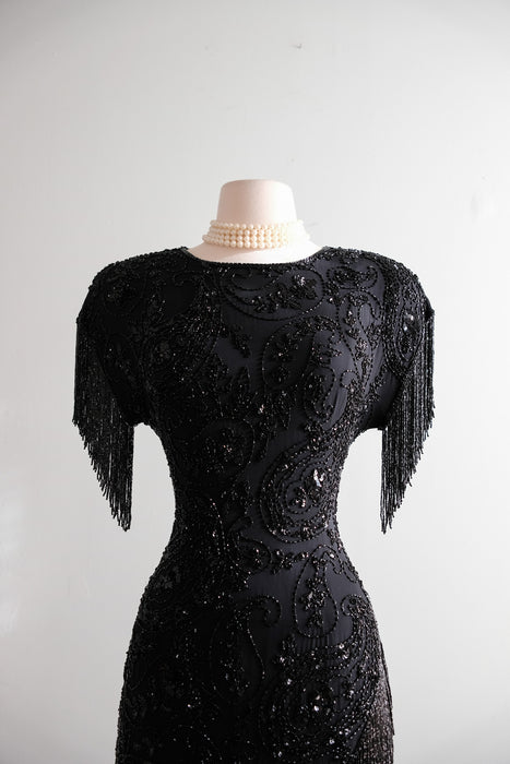 Vintage 1980's Black Fully Beaded Fringe Party Dress by Black Tie / M