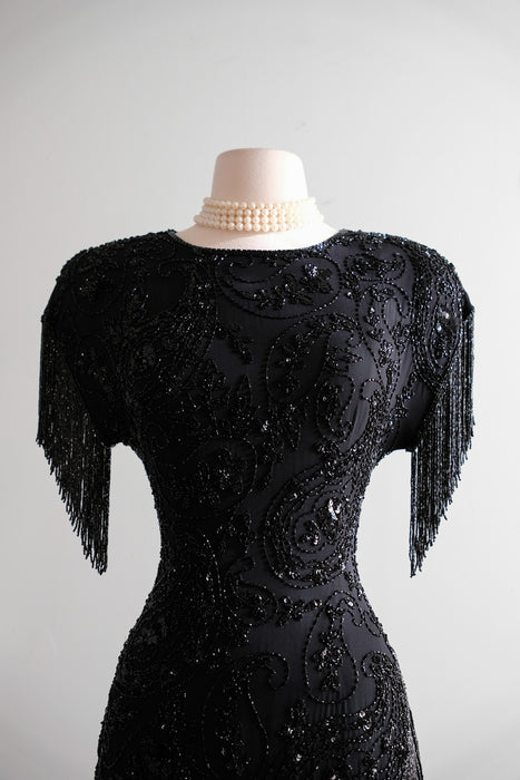 Vintage 1980's Black Fully Beaded Fringe Party Dress by Black Tie / M