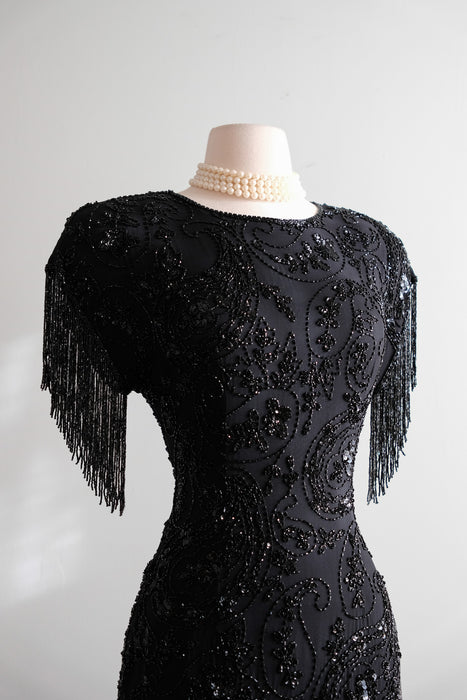 Vintage 1980's Black Fully Beaded Fringe Party Dress by Black Tie / M