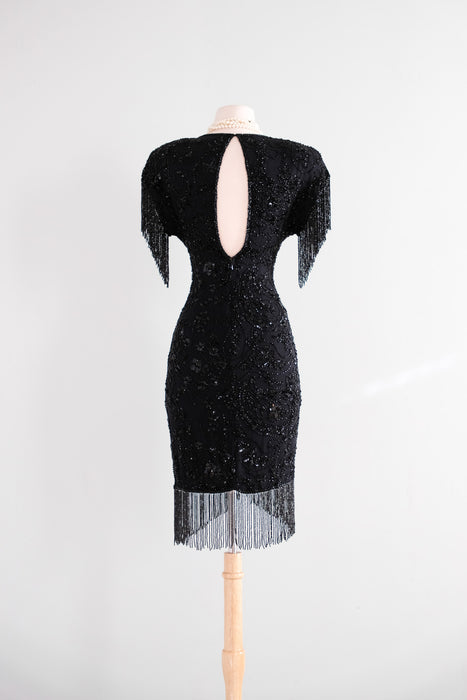 Vintage 1980's Black Fully Beaded Fringe Party Dress by Black Tie / M