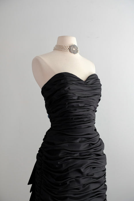 Vintage 1980's Ruched Black Strapless Cocktail Dress by Illusions / M