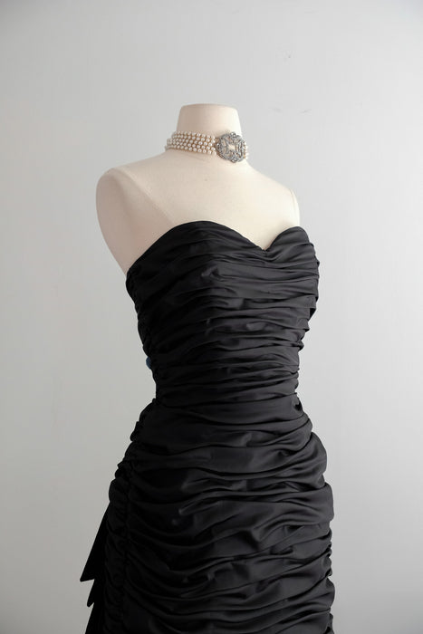 Vintage 1980's Ruched Black Strapless Cocktail Dress by Illusions / M