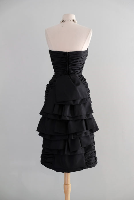 Vintage 1980's Ruched Black Strapless Cocktail Dress by Illusions / M