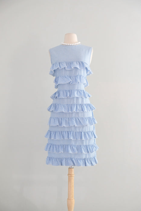 Vintage 1960's Baby Blue Gingham Shift Dress with Ruffles / M