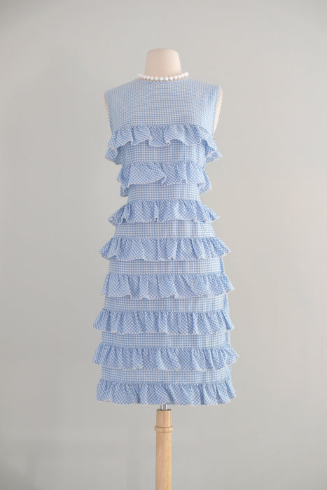 Vintage 1960's Baby Blue Gingham Shift Dress with Ruffles / M