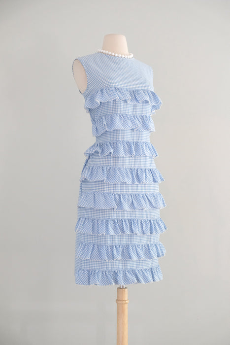 Vintage 1960's Baby Blue Gingham Shift Dress with Ruffles / M