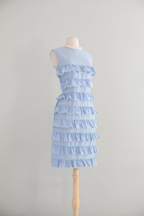 Vintage 1960's Baby Blue Gingham Shift Dress with Ruffles / M