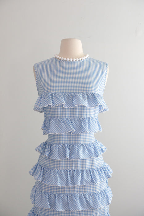 Vintage 1960's Baby Blue Gingham Shift Dress with Ruffles / M