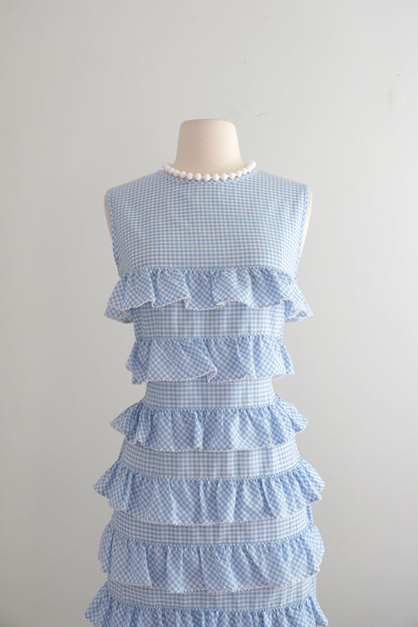 Vintage 1960's Baby Blue Gingham Shift Dress with Ruffles / M