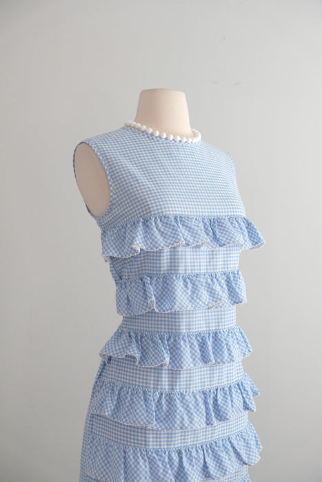 Vintage 1960's Baby Blue Gingham Shift Dress with Ruffles / M