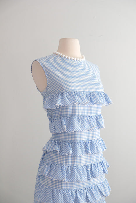 Vintage 1960's Baby Blue Gingham Shift Dress with Ruffles / M