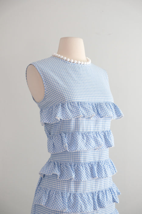 Vintage 1960's Baby Blue Gingham Shift Dress with Ruffles / M