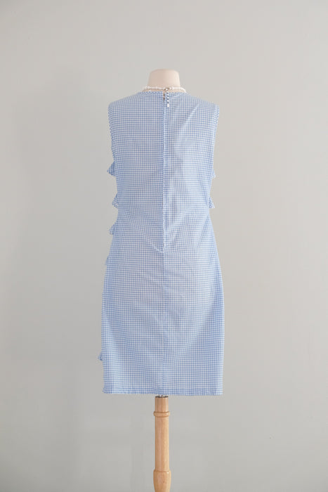 Vintage 1960's Baby Blue Gingham Shift Dress with Ruffles / M