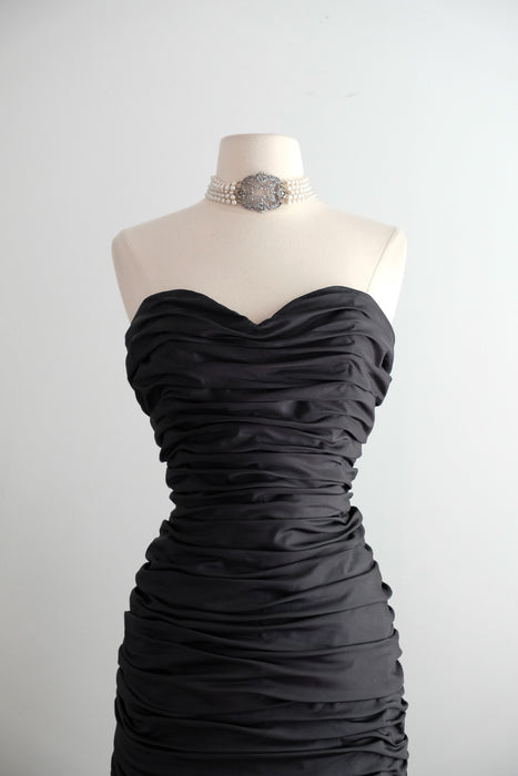 Vintage 1980's Ruched Black Strapless Cocktail Dress by Illusions / M
