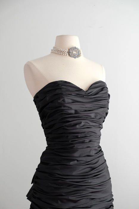 Vintage 1980's Ruched Black Strapless Cocktail Dress by Illusions / M