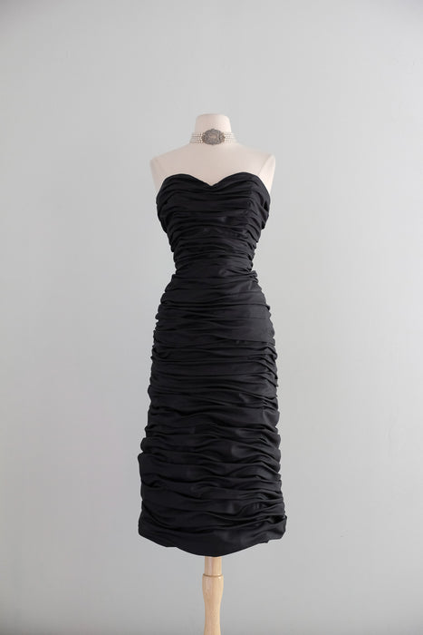 Vintage 1980's Ruched Black Strapless Cocktail Dress by Illusions / M