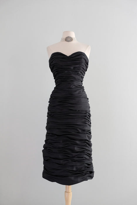 Vintage 1980's Ruched Black Strapless Cocktail Dress by Illusions / M