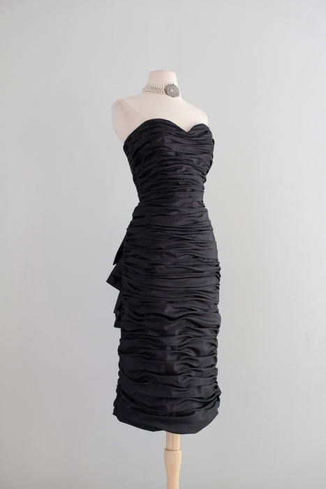 Vintage 1980's Ruched Black Strapless Cocktail Dress by Illusions / M
