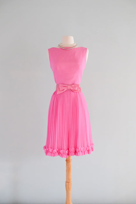 Amazing 1960's Pink Pleated Party Dress With Satin Bow Belt / Sz M