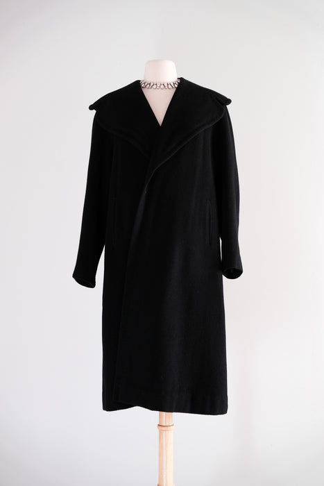 Vintage 1950's Classic Black Cashmere Cocoon Style Coat / M