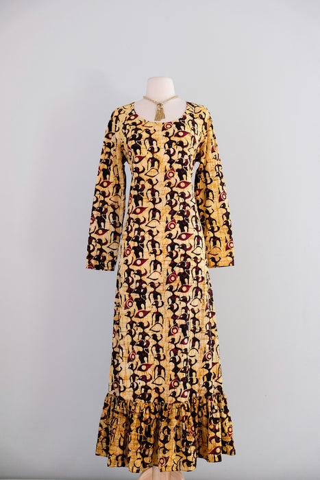 Striking 1970's Saffron Bird Print Batik Cotton Maxi Dress / ML
