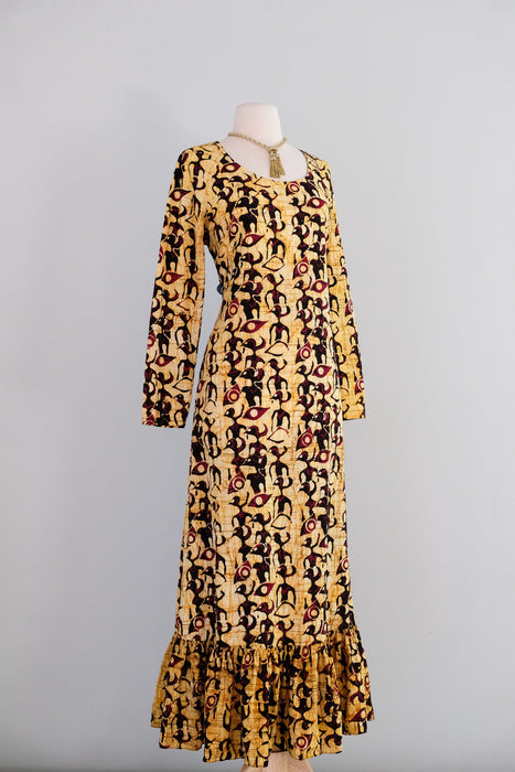 Striking 1970's Saffron Bird Print Batik Cotton Maxi Dress / ML