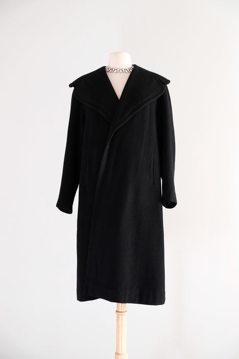 Vintage 1950's Classic Black Cashmere Cocoon Style Coat / M