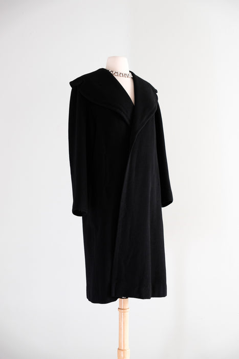 Vintage 1950's Classic Black Cashmere Cocoon Style Coat / M