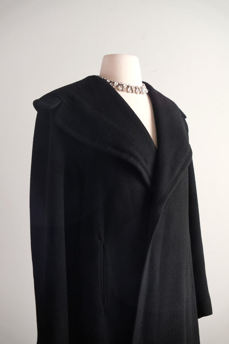 Vintage 1950's Classic Black Cashmere Cocoon Style Coat / M