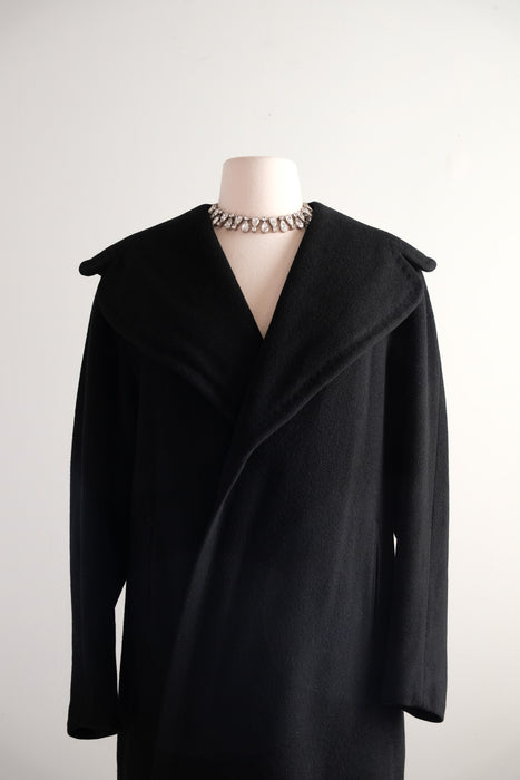 Vintage 1950's Classic Black Cashmere Cocoon Style Coat / M