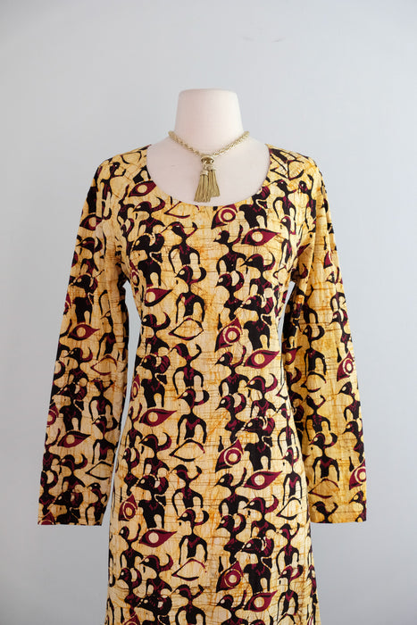 Striking 1970's Saffron Bird Print Batik Cotton Maxi Dress / ML