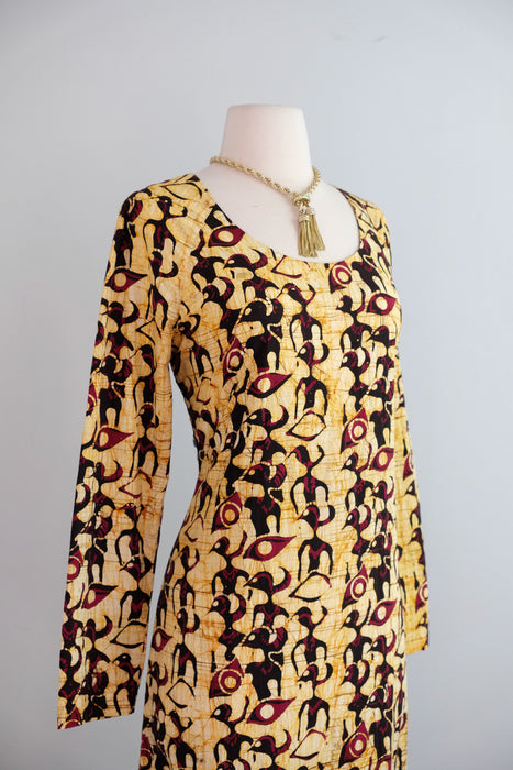 Striking 1970's Saffron Bird Print Batik Cotton Maxi Dress / ML